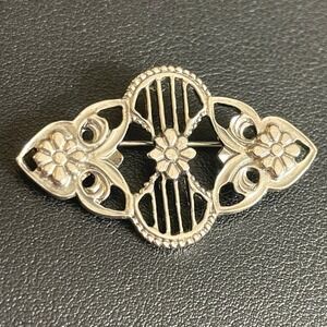 Vintage Art Deco Revival Brooch Silver Tone Floral Openwork Filigree Pin